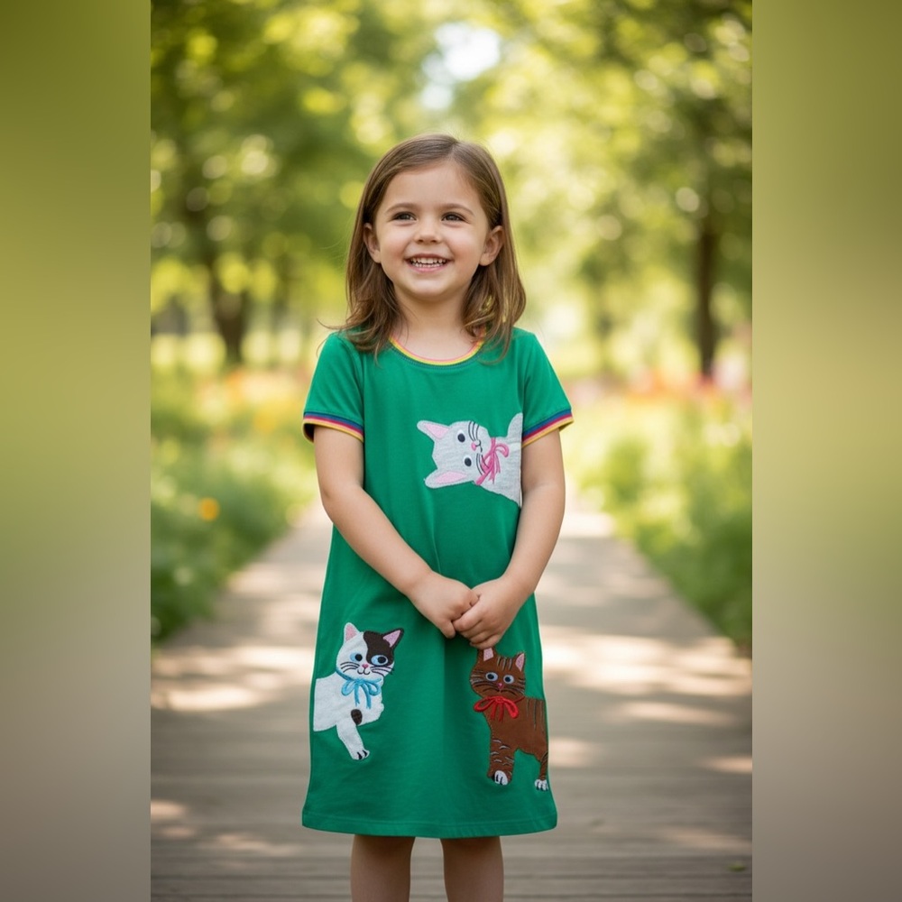 Playful Cat Design Kids Dress - Green